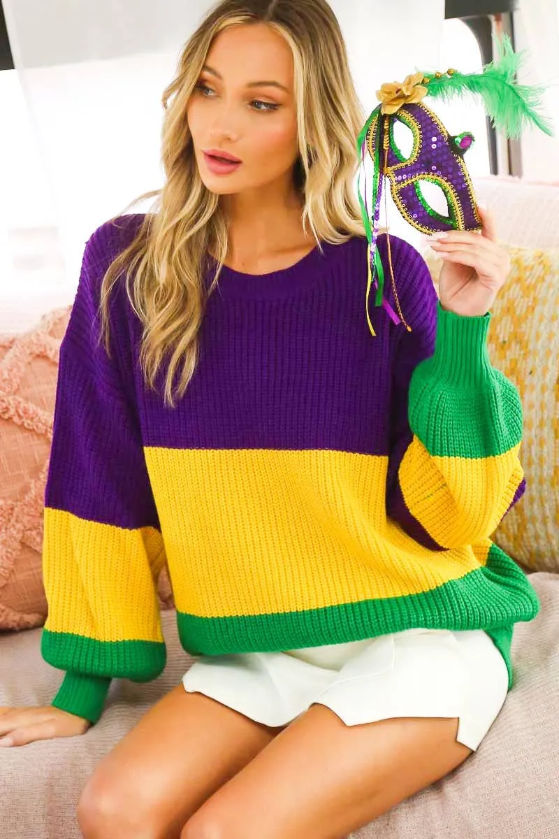 Color block Mardi Gras Round Neck Knitted Sweater