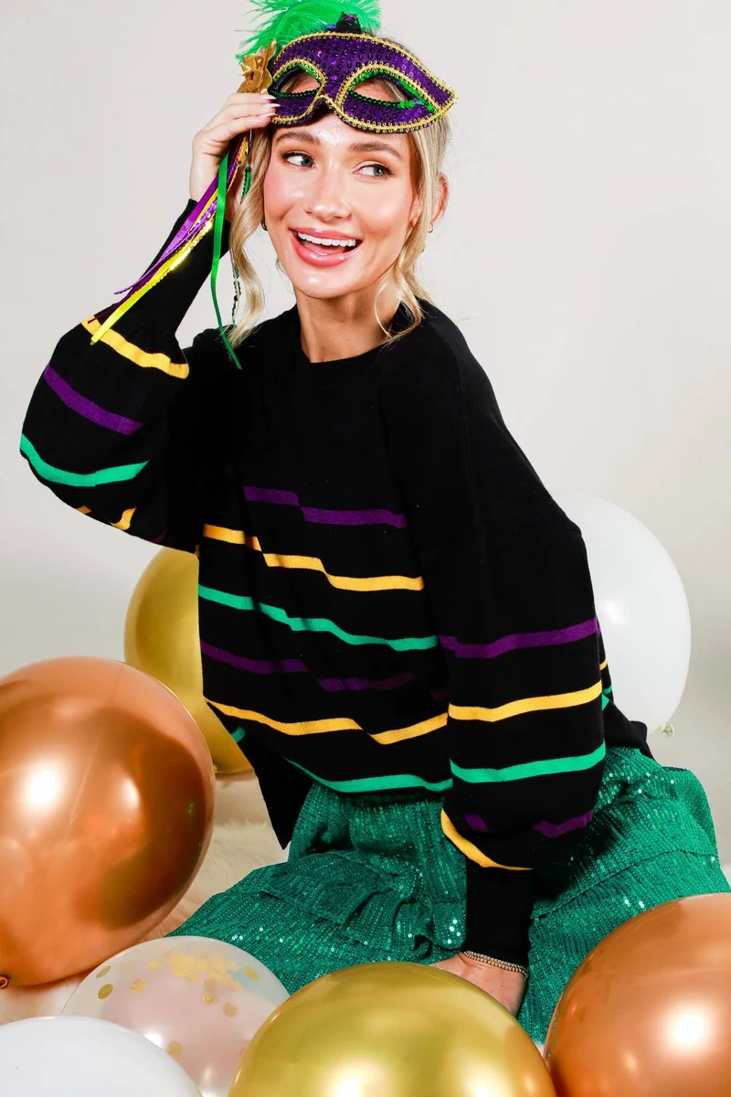 Multi Color Striped Mardi Gras Knitted Sweater