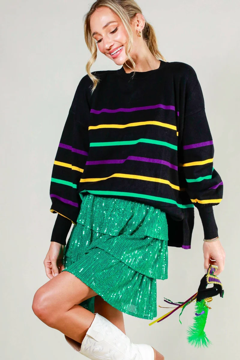 Multi Color Striped Mardi Gras Knitted Sweater