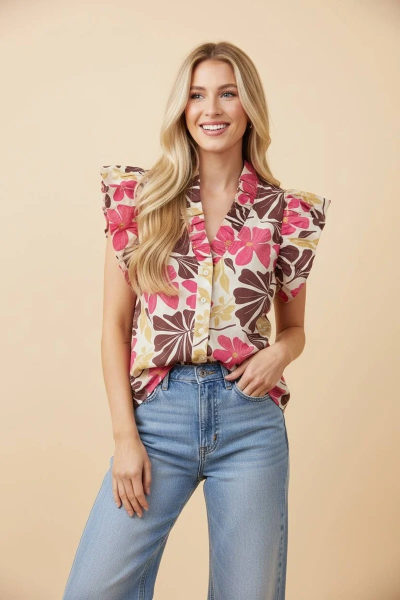 Floral Print Ruffle Sleeve Button Front Blouse