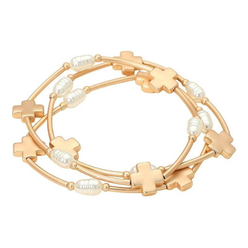 3PCS - Cross Charm Pearl Beaded Stretch Multi Layered Bracelets