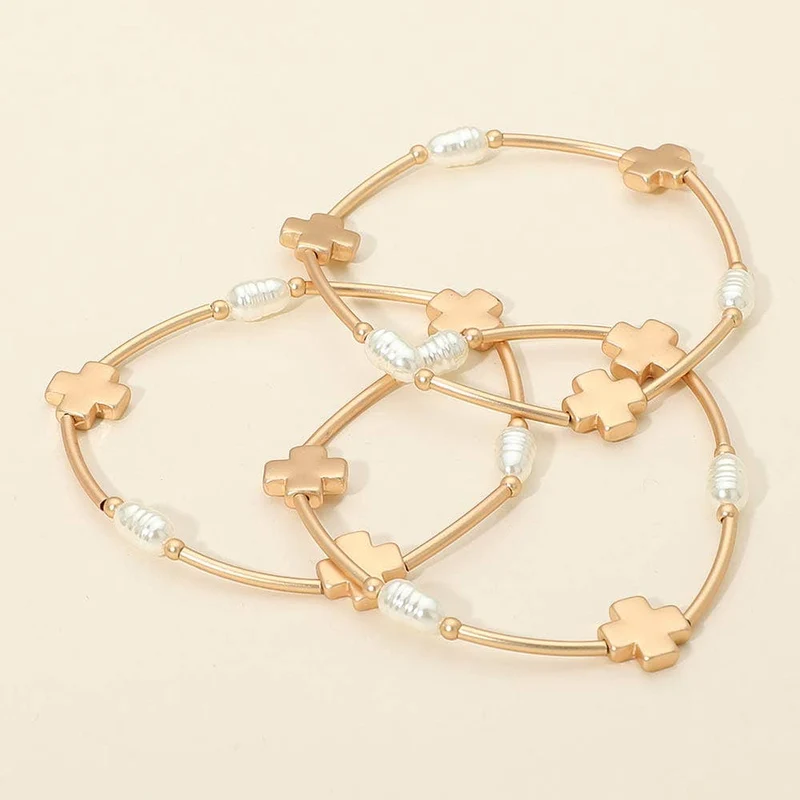 3PCS - Cross Charm Pearl Beaded Stretch Multi Layered Bracelets