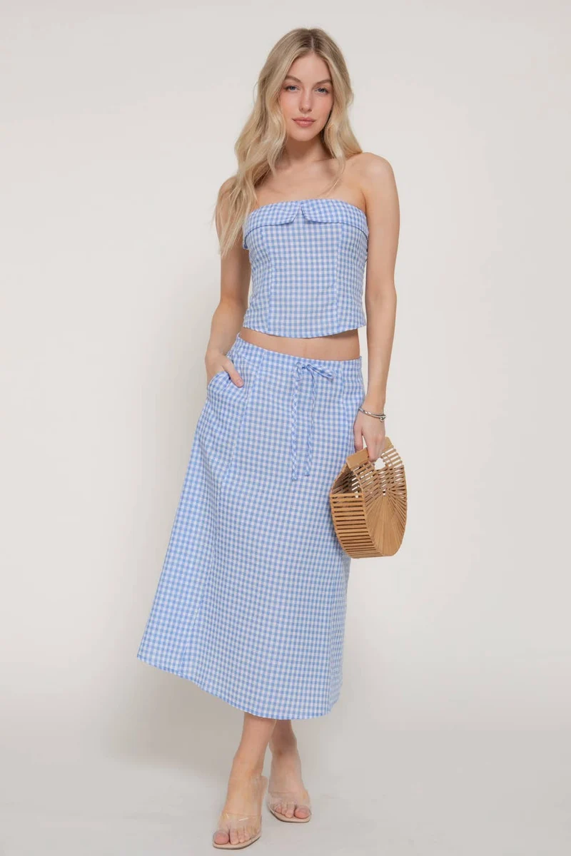 Seersucker Bandeau Top & A-line Midi Skirt Set (Multiple colors)