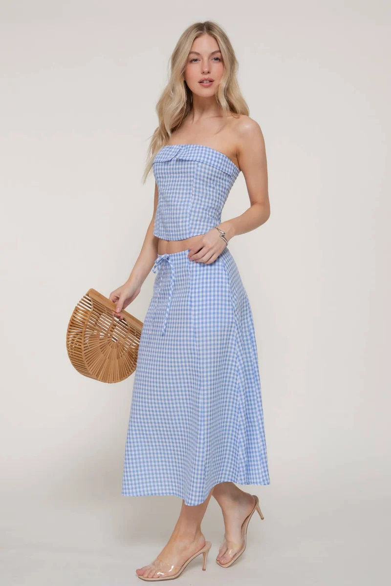 Seersucker Bandeau Top & A-line Midi Skirt Set (Multiple colors)