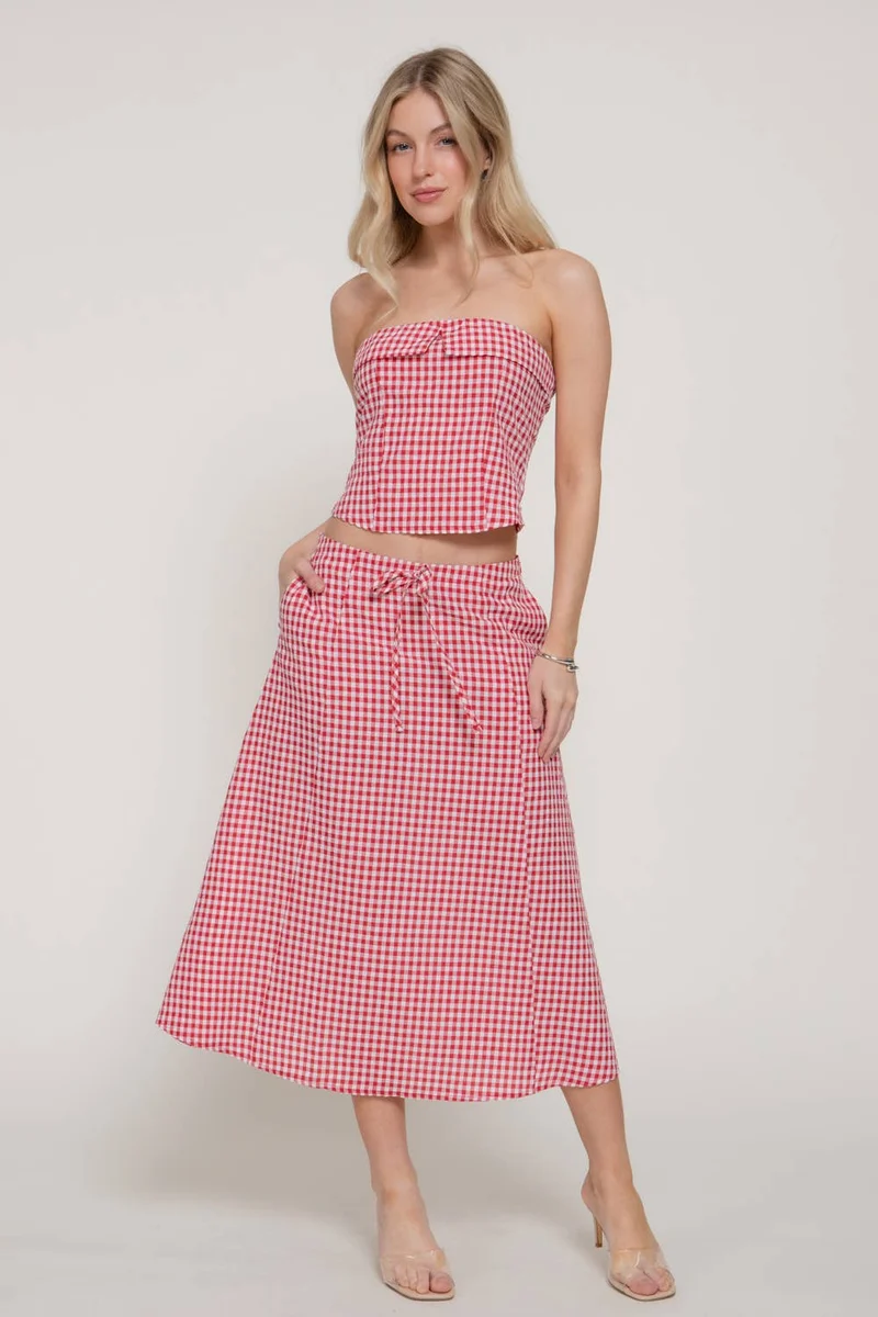 Seersucker Bandeau Top & A-line Midi Skirt Set (Multiple colors)