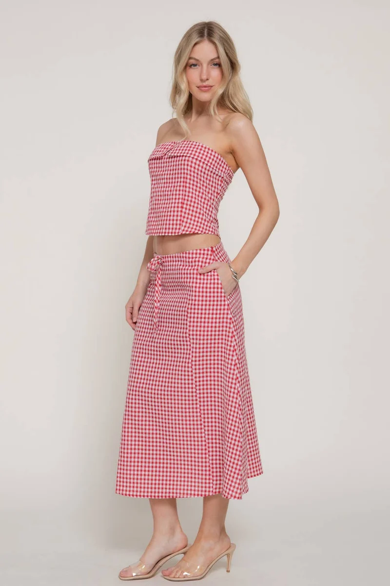 Seersucker Bandeau Top & A-line Midi Skirt Set (Multiple colors)