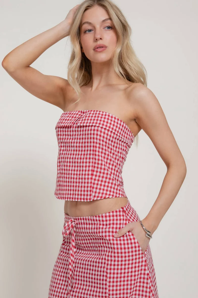Seersucker Bandeau Top & A-line Midi Skirt Set (Multiple colors)