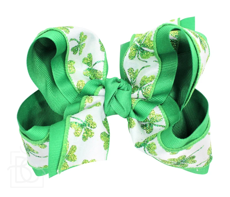 ST. PATRICK'S LUCKY BOWS: 4.5" LARGE - 1.5" RIBBON ON ALLIGATOR CLIP