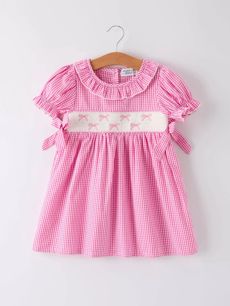 Bow Embroidered Plaid Baby Girl Dress