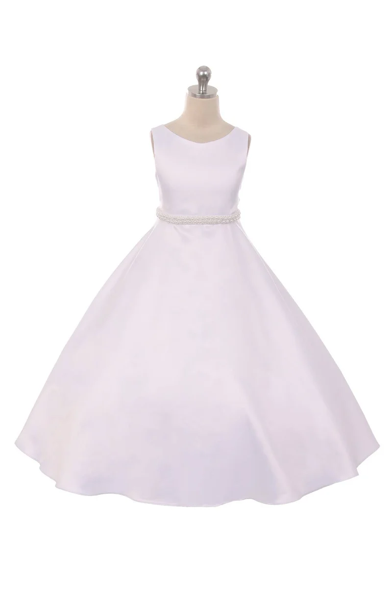 Long Satin Pearl Trim Girls Communion Dress