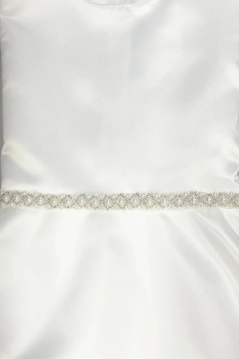 Long Satin Pearl Trim Girls Communion Dress