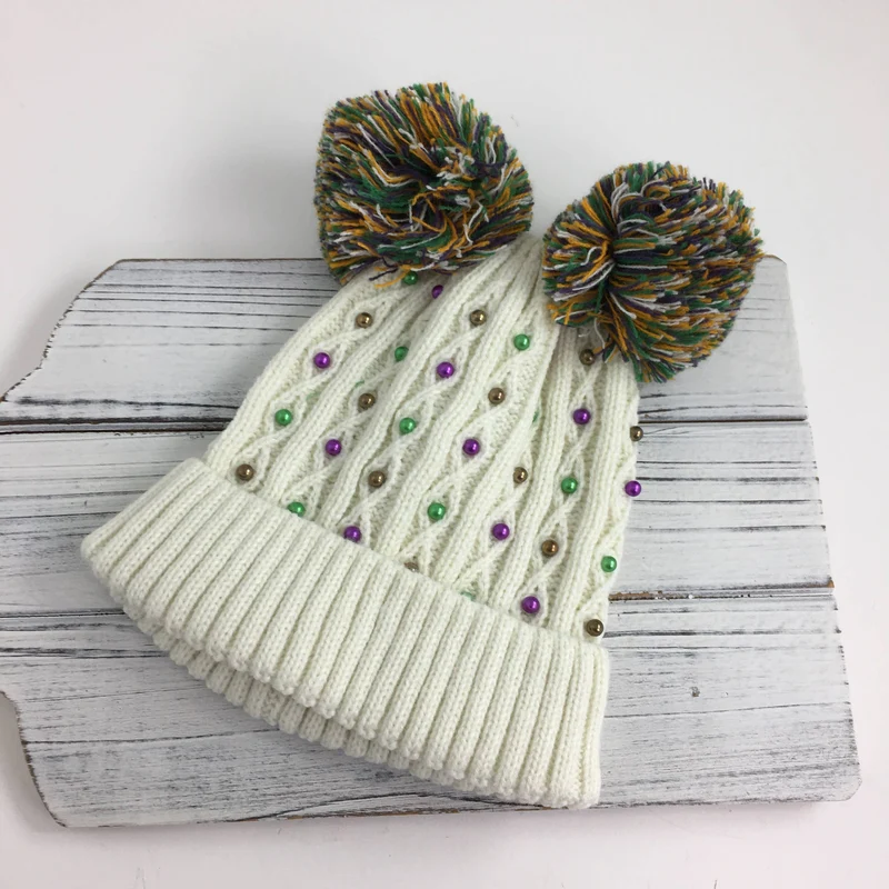 Pom Pom Mardi Gras Pearl beanie hat ~ Kids
