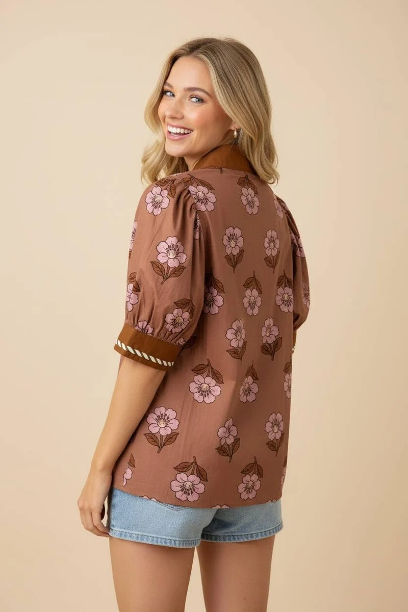 Floral Puff Sleeve Split Neck Blouse