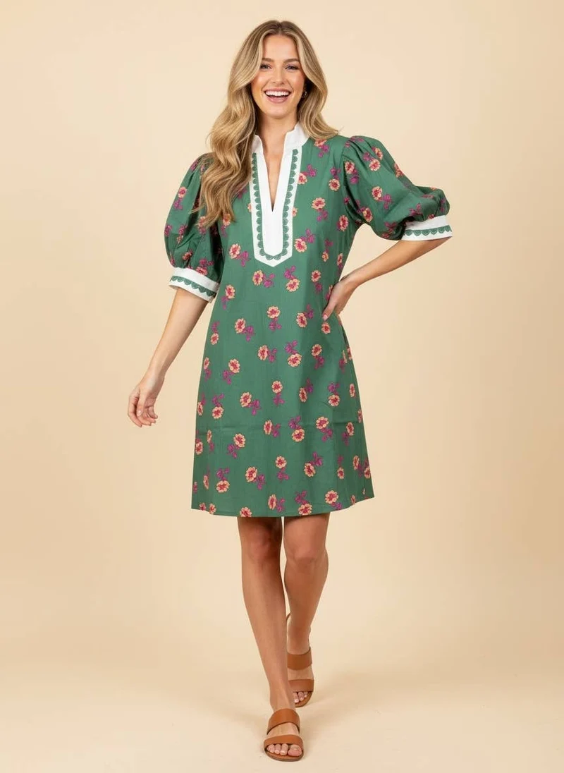 Floral Puff Sleeve Split Neck Shift Mini Dress