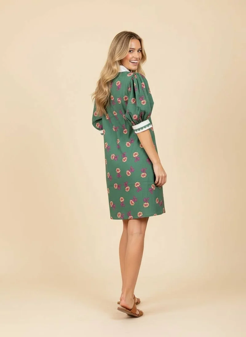Floral Puff Sleeve Split Neck Shift Mini Dress