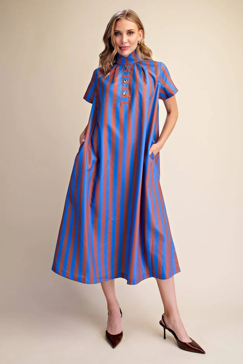 Stand High Neck Stripe Midi Dress