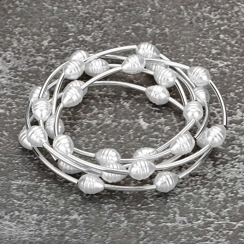 5PCS-Pearl Metal Bar Beaded Stretch Multi Layered Bracelets