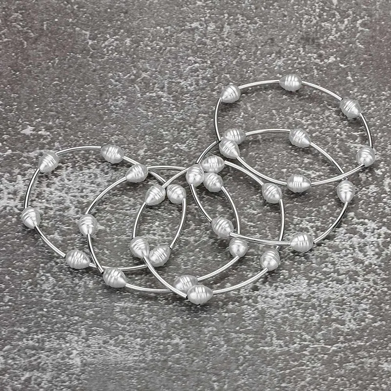 5PCS-Pearl Metal Bar Beaded Stretch Multi Layered Bracelets