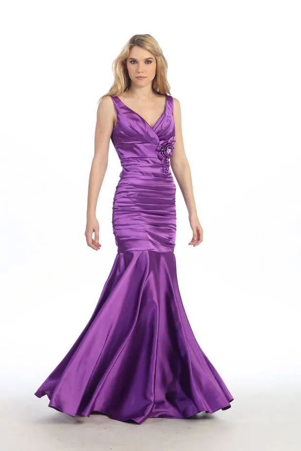 Long Satin V-neck Pleated Dress With Flower Detail ~ Large