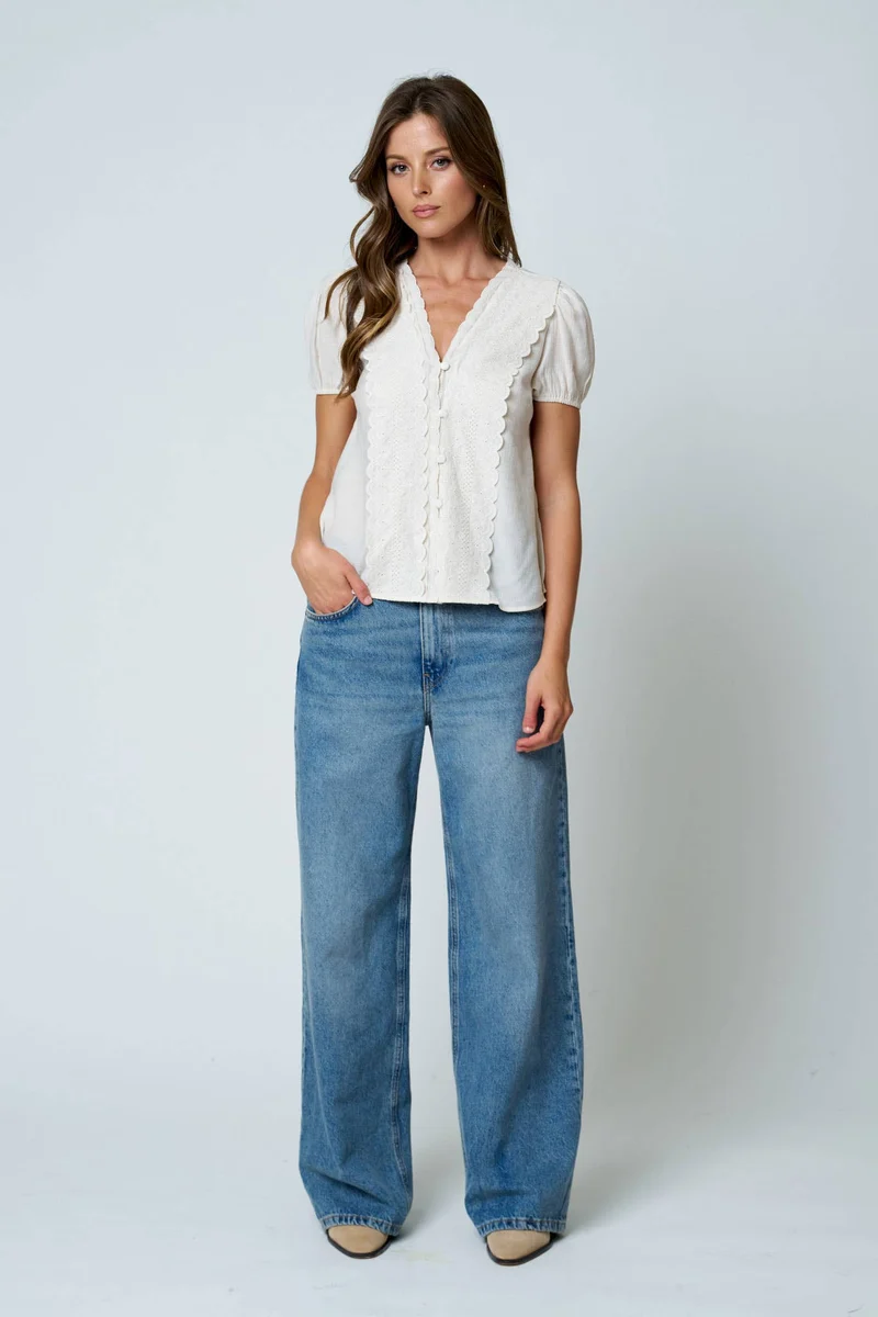 LACE DETAIL PUFF SLEEVE BUTTON DOWN BLOUSE (Multiple Colors)