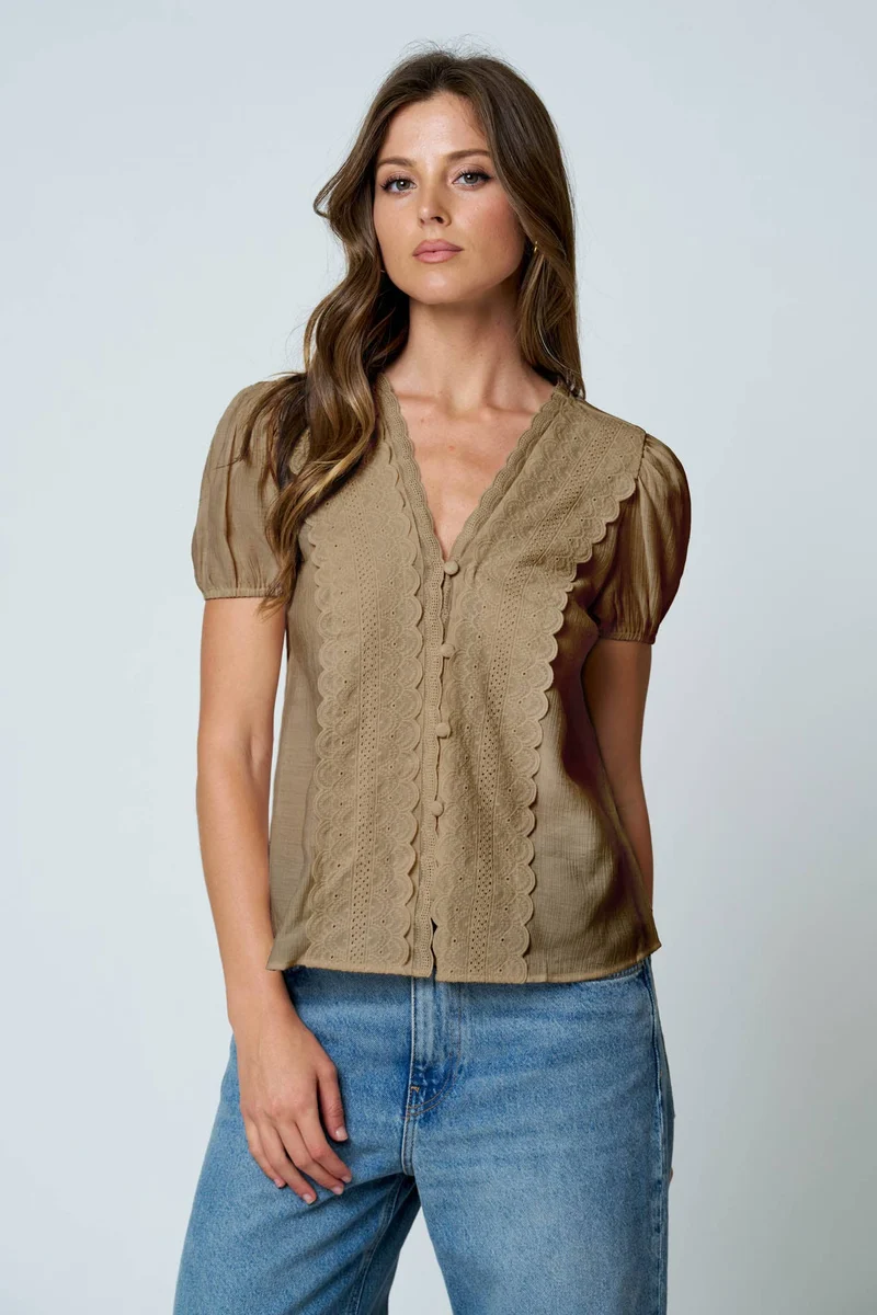 LACE DETAIL PUFF SLEEVE BUTTON DOWN BLOUSE (Multiple Colors)