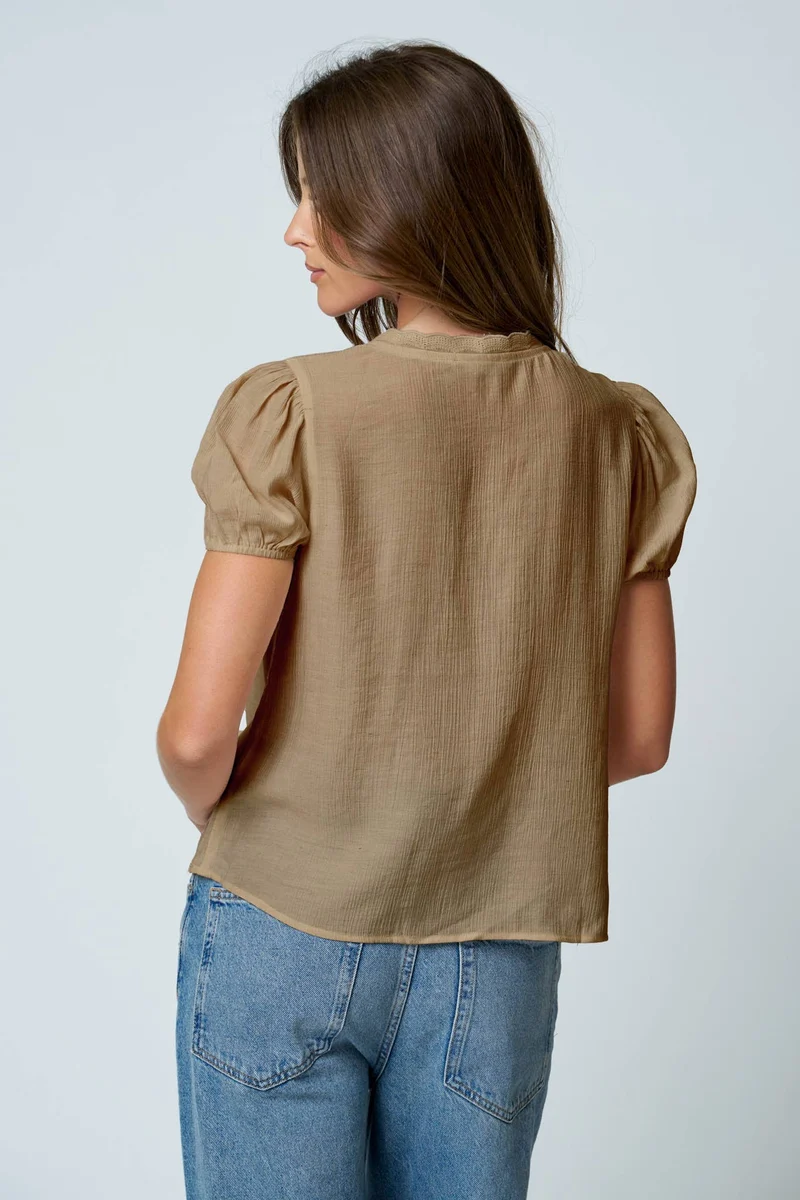 LACE DETAIL PUFF SLEEVE BUTTON DOWN BLOUSE (Multiple Colors)