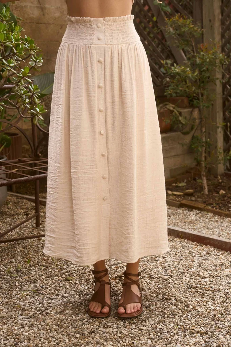 SMOCKED WAIST RUFFLE DETAIL BUTTON DOWN MIDI SKIRT