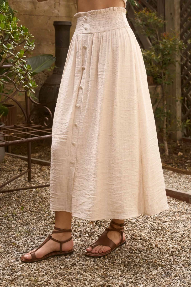 SMOCKED WAIST RUFFLE DETAIL BUTTON DOWN MIDI SKIRT