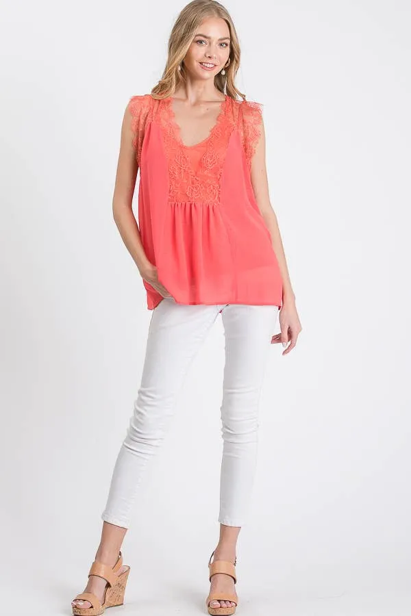 Casual Sleeveless Lace-Trim Blouse
