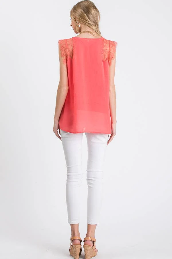 Casual Sleeveless Lace-Trim Blouse
