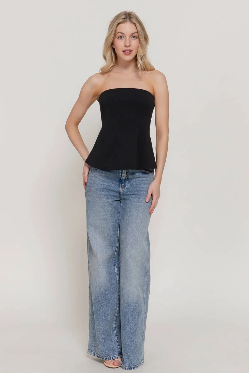 Black Peplum Soft Knit Jersey Tube Top