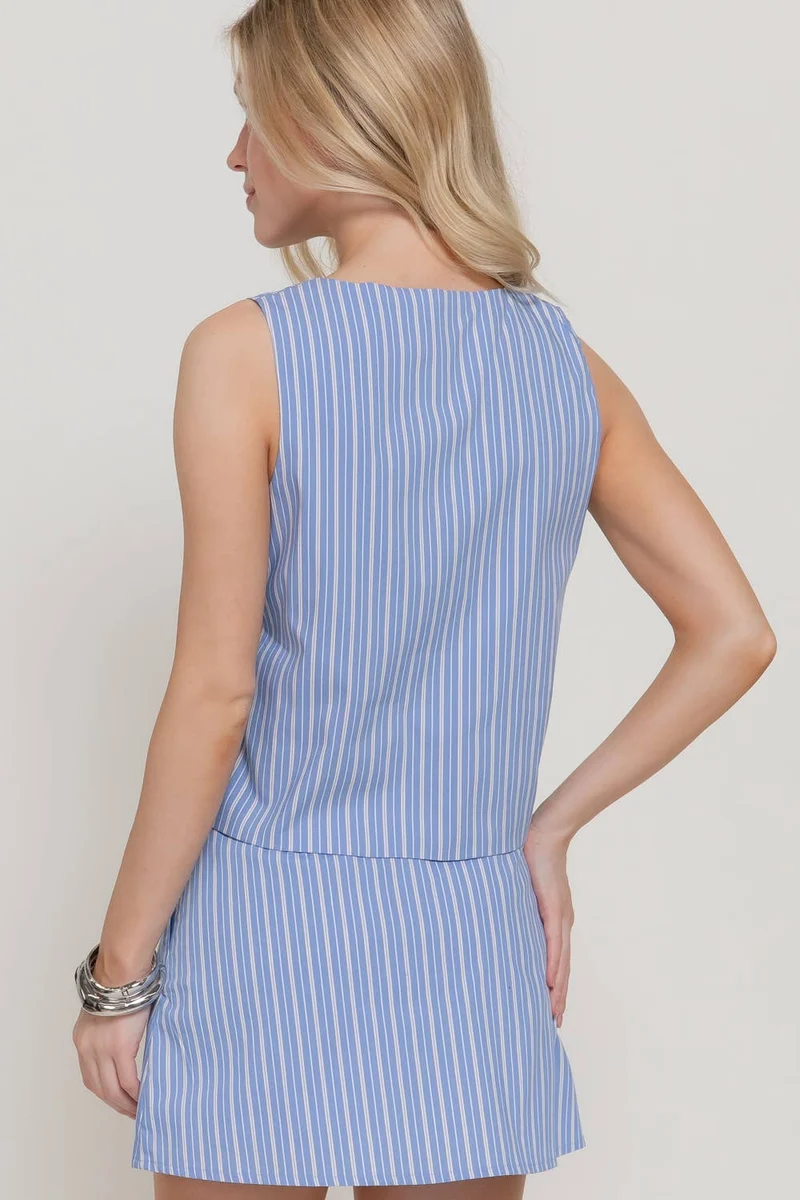 Sleeveless Diagonal Button Closure Striped Poplin Vest Top