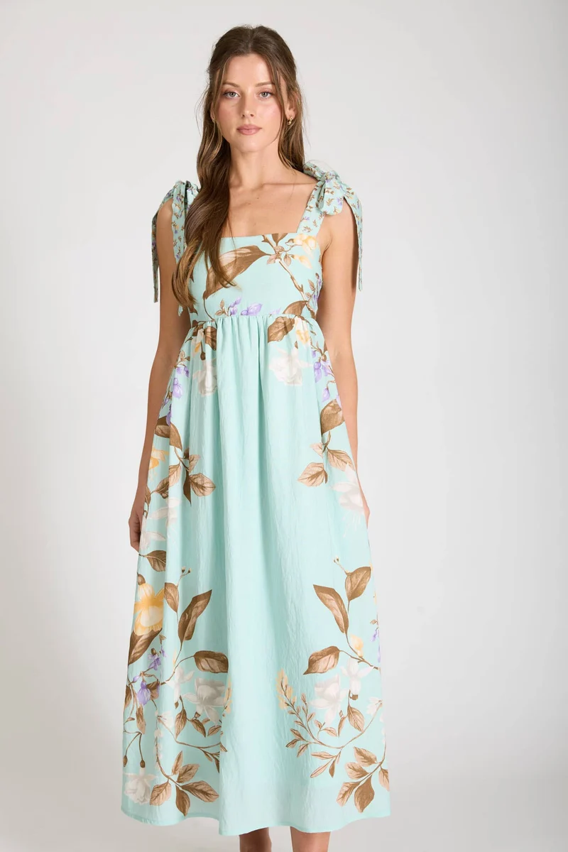 DUSTY MINT FLORAL TIE STRAP MIDI DRESS