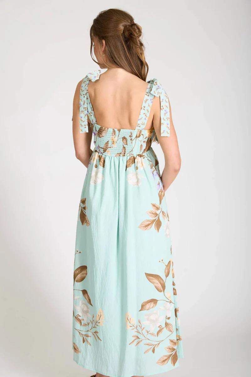 DUSTY MINT FLORAL TIE STRAP MIDI DRESS