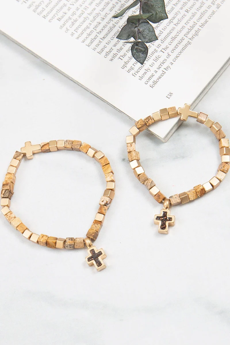 Mommy & Me Cross Bracelets Religious Natural Stone Bead Set