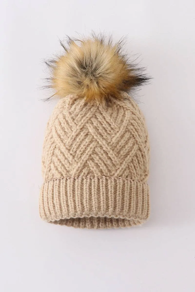 Beige cross cable knit pom pom beanie hat toddler/kids