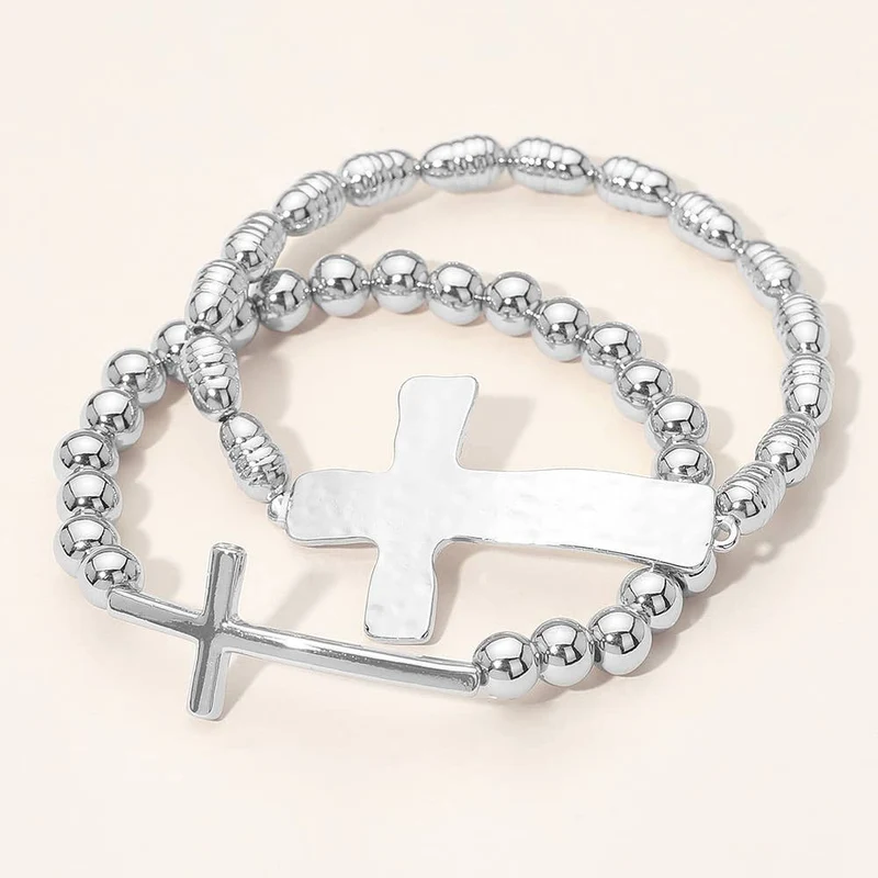 2PCS - Metal Cross Accent Beaded Stretch Multi Layered Bracelet