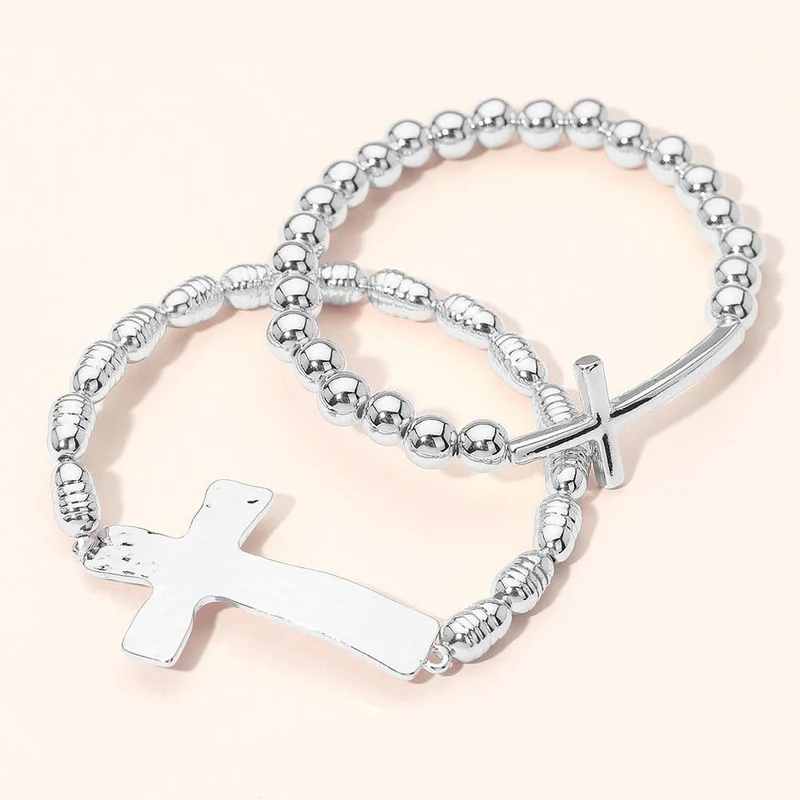 2PCS - Metal Cross Accent Beaded Stretch Multi Layered Bracelet