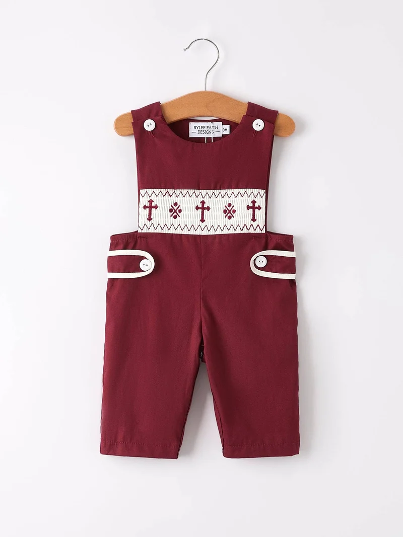 Dark Red Smocked Bishop Boys' Romper