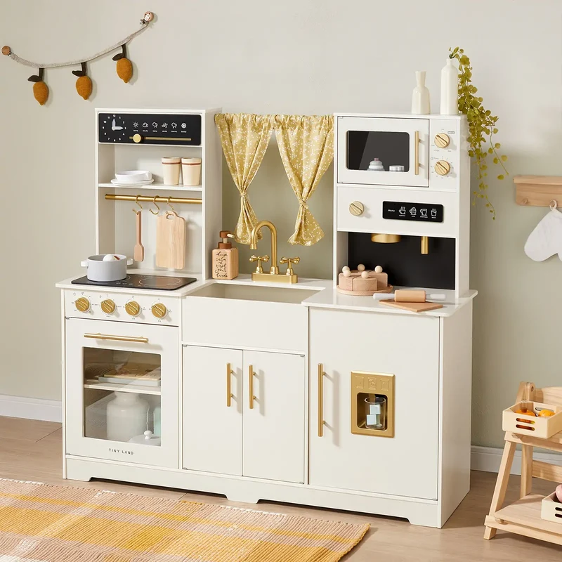 Tiny Land® Iconic Wooden Play Kitchen – Cream Pretend Cooking Set for Kids