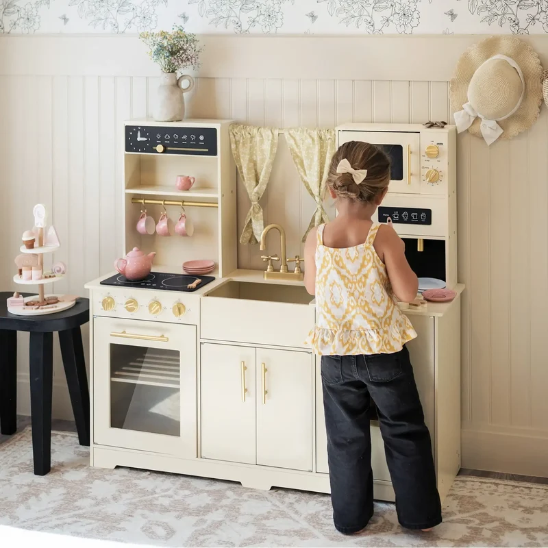 Tiny Land® Iconic Wooden Play Kitchen – Cream Pretend Cooking Set for Kids