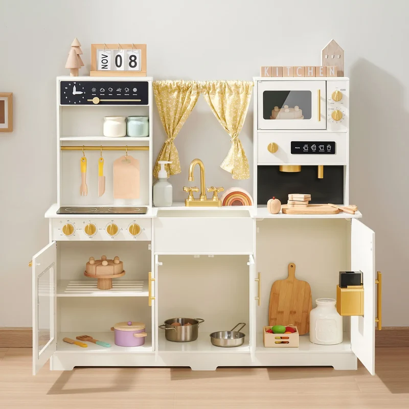 Tiny Land® Iconic Wooden Play Kitchen – Cream Pretend Cooking Set for Kids
