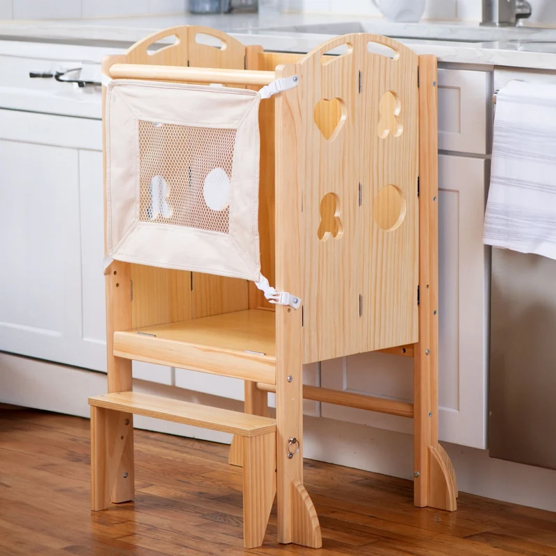PreK Laurel 4-in-1 Foldable Kitchen Tower, Step Stool, Slide & Chalkboard