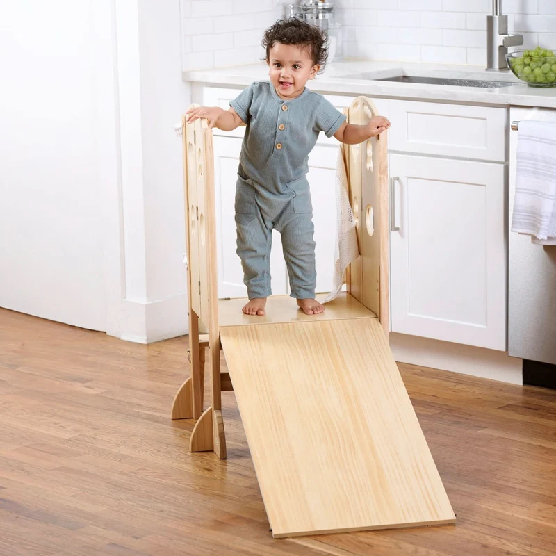 PreK Laurel 4-in-1 Foldable Kitchen Tower, Step Stool, Slide & Chalkboard