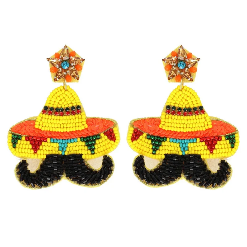 Cinco De Mayo Sombrero Mustache Beaded Earrings