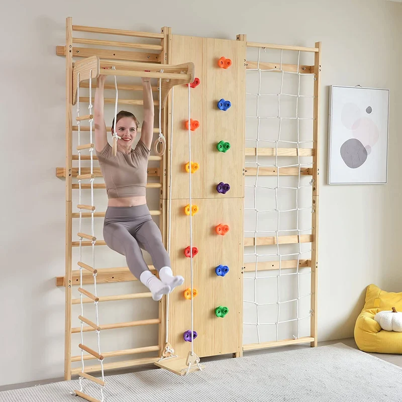 Walnut 9-in-1 Swedish Ladder Wall Gym | Indoor Wooden Climber & Activity Set for Kids