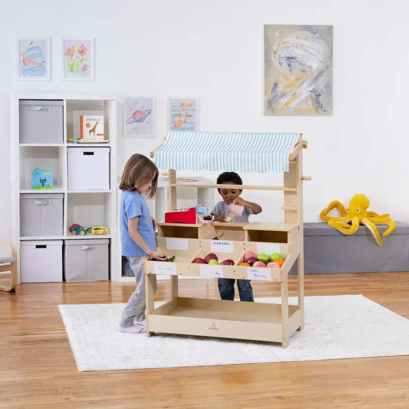 Cypress Wooden Market Stand – Pretend Play Shop for Kids with Storage