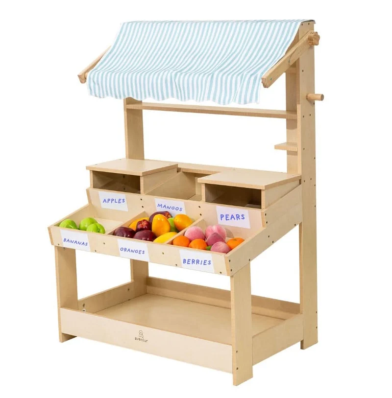 Cypress Wooden Market Stand – Pretend Play Shop for Kids with Storage