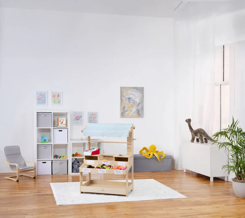 Cypress Wooden Market Stand – Pretend Play Shop for Kids with Storage