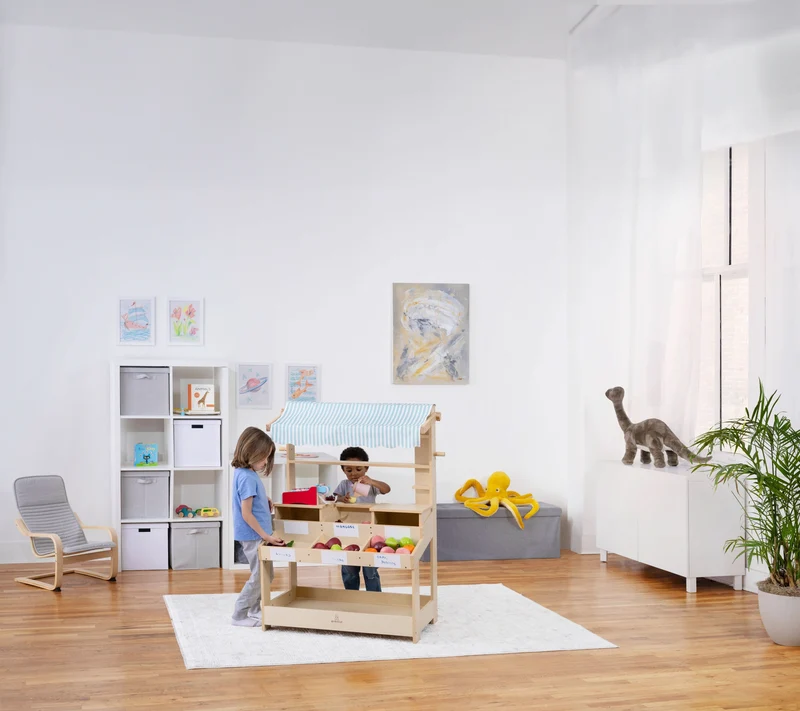 Cypress Wooden Market Stand – Pretend Play Shop for Kids with Storage